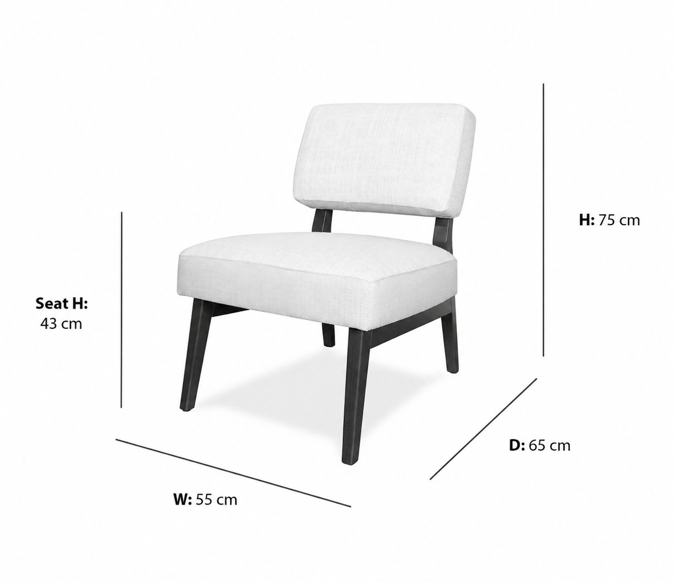 Armchair Bowland dimensions - W: 55cm, D: 65cm, H: 75cm, Seat H: 43cm
